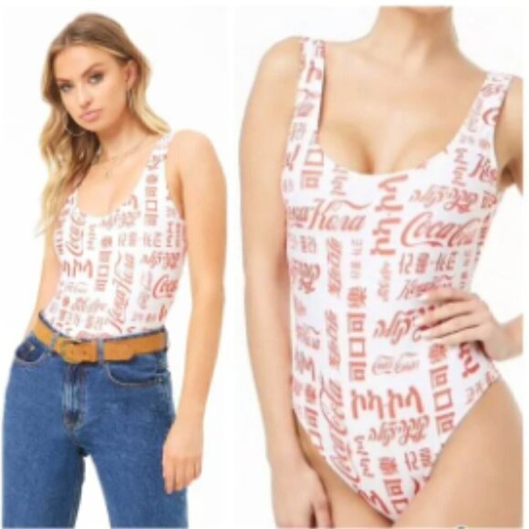 COCA COLA | Logo Global Languages White & Red Scoop Neck Swimsuit - Picture 8 of 8